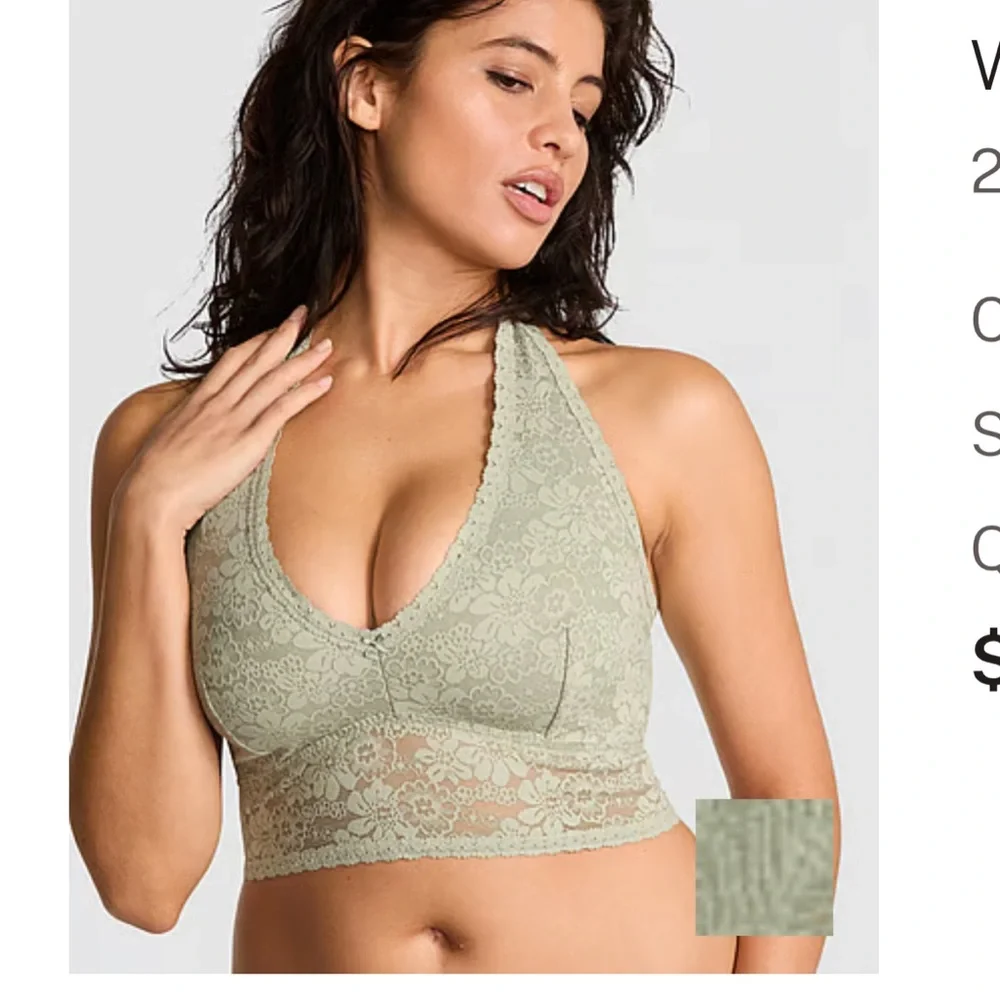 Rare Comfy VS PINK Lace Halter Bralette in Sage Green - Picture 1 of 9